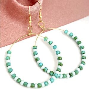 NWT Handmade Sea Green and turquoise Czech beads with Gold Hoop Earrings​